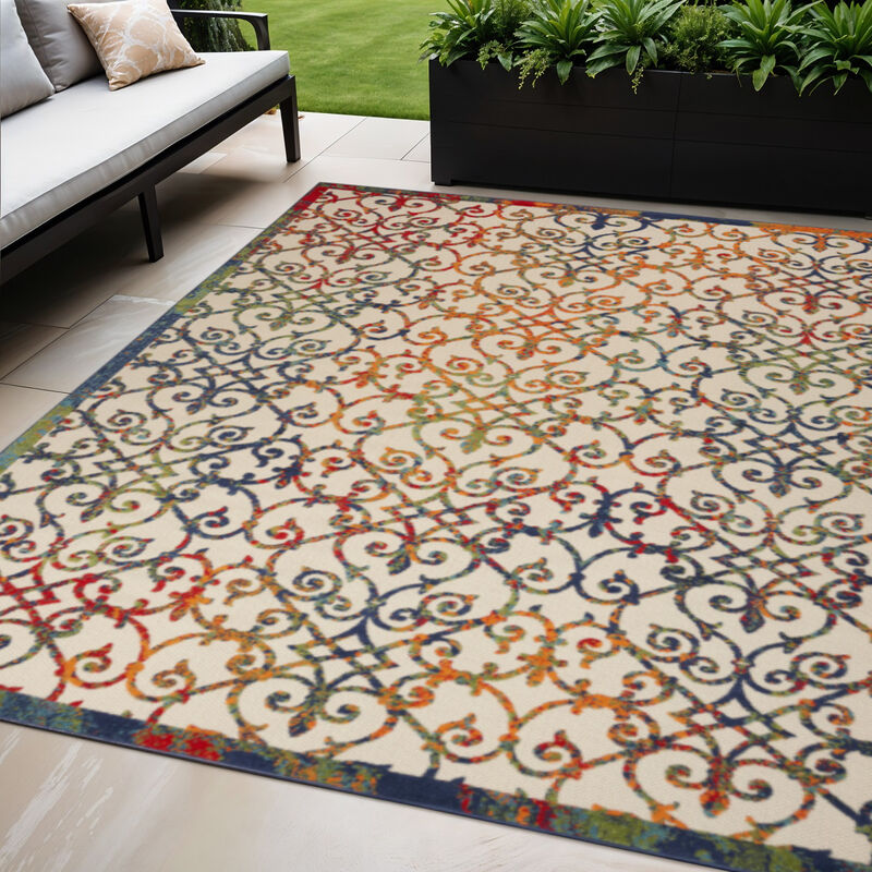 HomeRoots 5' X 8' Ivory Blue Orange And Green Trellis Indoor Outdoor Area Rug image number 1
