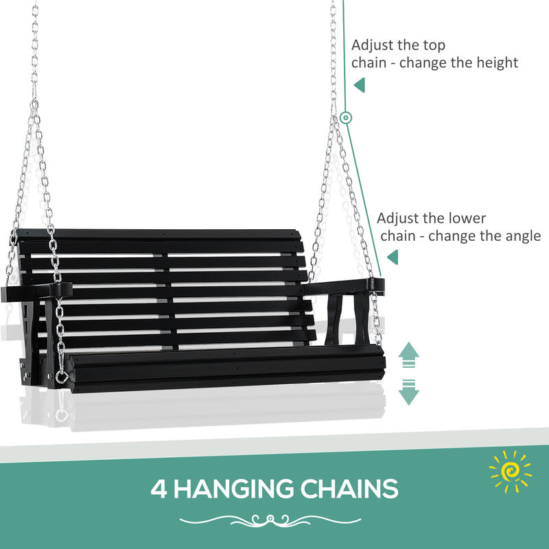 Outsunny Porch Swing with Chains and Cupholders, 2 Person Wooden Patio Swing Chair, 440 lbs. Weight Capacity, for Garden, Poolside, Backyard, Black