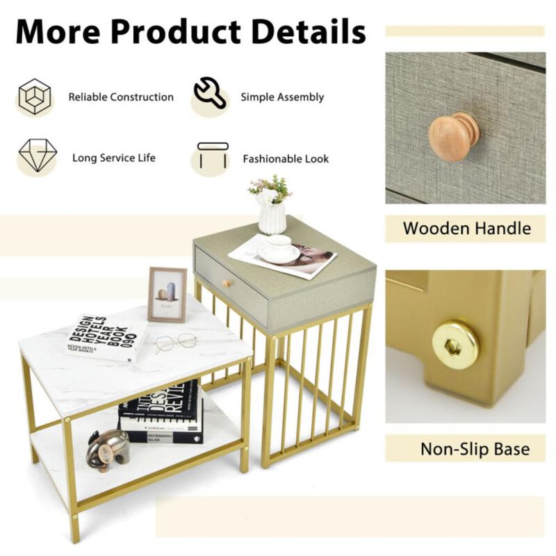 Hivvago 2 Pieces Modern Nesting Coffee Table Set with Drawer and Shelf