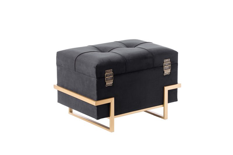 Rectangular Velvet Storage Ottoman with Gold Legs, Black