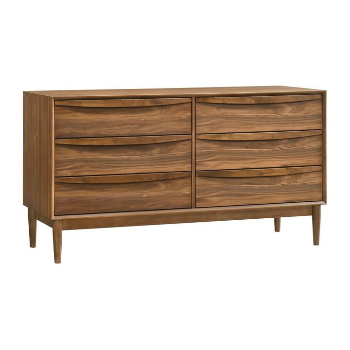 Mian 55 Inch Wide Dresser, 6 Drawer, Linear Undercut Handle, Walnut