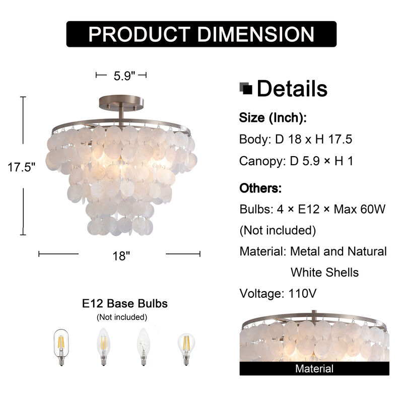 Jojospring Paula 4-Light Tiered Natural White Shell Flush Mount - 18 inches in diameter x 17.5 inches H - Satin Nickel image number 6