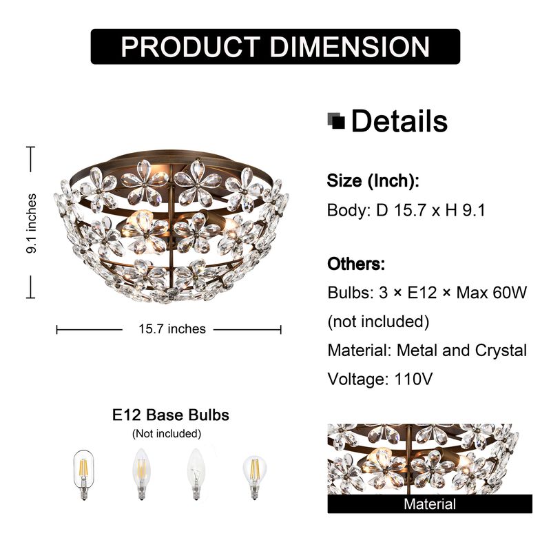 Amila 3-Light Bronze Glam Daisy Flower Crystal Blossom Flush Mount image number 9