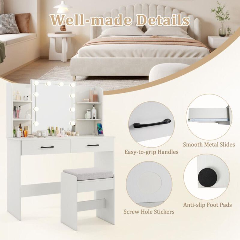 Hivvago Vanity Set with Lighted Mirror and Stool with Power Outlet