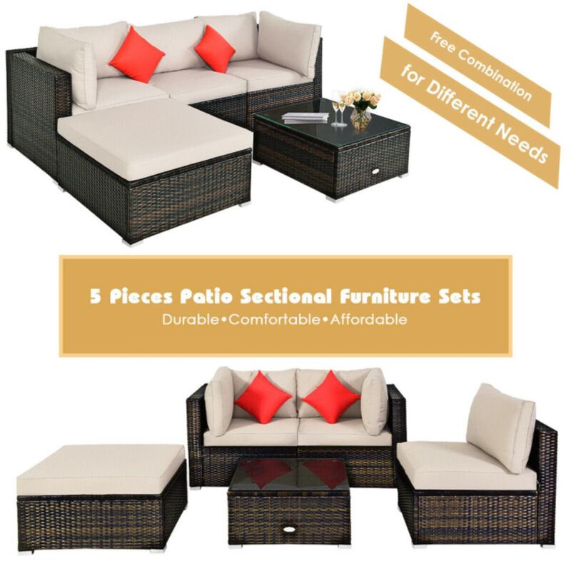 Hivvago 5 Pieces Outdoor Patio Rattan Furniture Set Sectional Conversation with Cushions