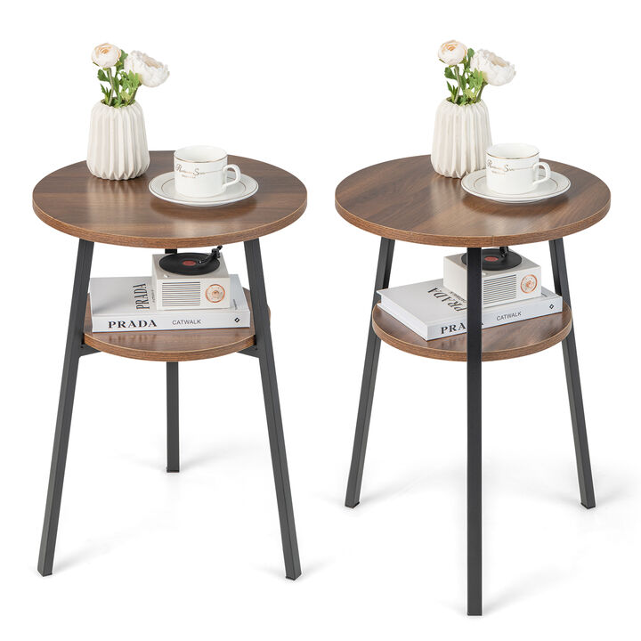 Set of 2 Round 2-Tier End Tables for Living Room or Bedroom Decor and Storage