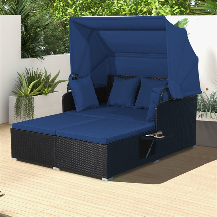 Rattan Daybed Lounge with Retractable Canopy, Side Tables & Cushions
