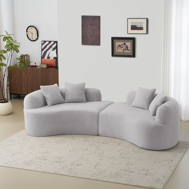 Clihome Curved Four Seater Grey Full Compression Sponge Sofa, Teddy Velvet Fabric, No-Assembly image number 1