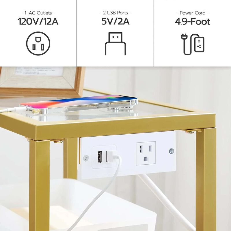 3-Tier End Table with Tempered Glass Shelves, USB and Power Outlet-Gold image number 6