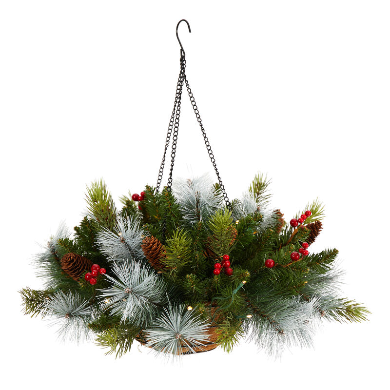 Hivvago 24" Holiday Pre-Lit (30 LED Lights) Pine and Berries Artificial Christmas Hanging Basket, Indoor Outdoor Patio Porch Decor