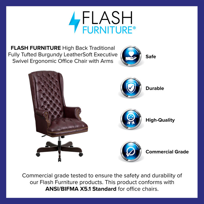Turner High Back Traditional Fully Tufted LeatherSoft Executive Swivel Ergonomic Office Chair with Arms image number 8