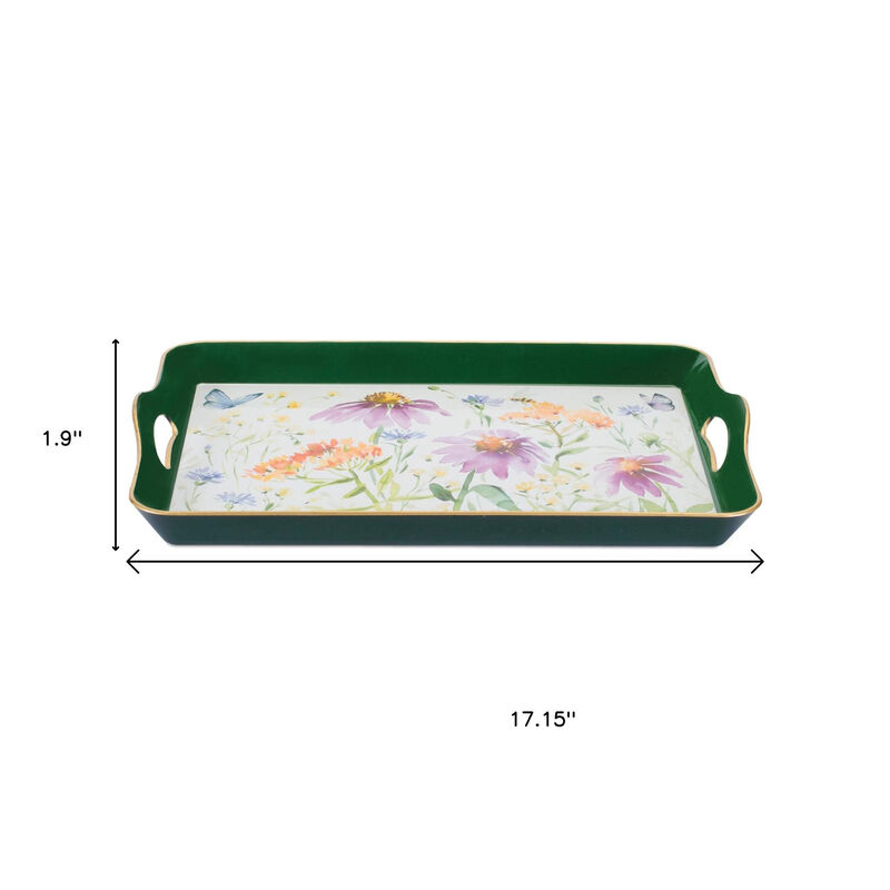 HomeRoots 17" Green And White Watercolor Floral Serving Tray With Handles image number 4