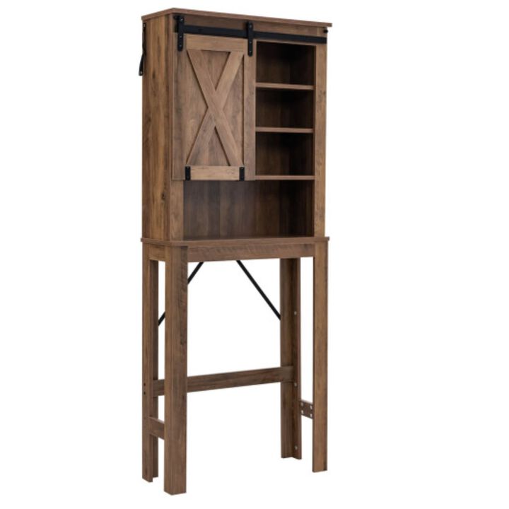 Wooden Bathroom Storage Cabinet with Sliding Barn Door and 3-level Adjustable Shelves-Rustic Brown