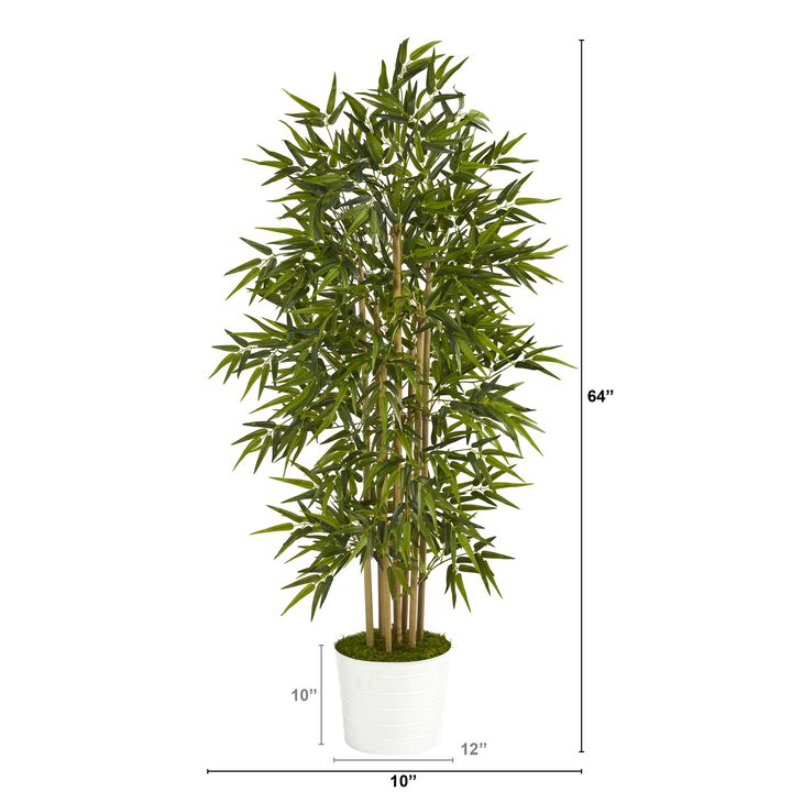 HomPlanti 64 Inches Bamboo Artificial Tree in White Tin Planter