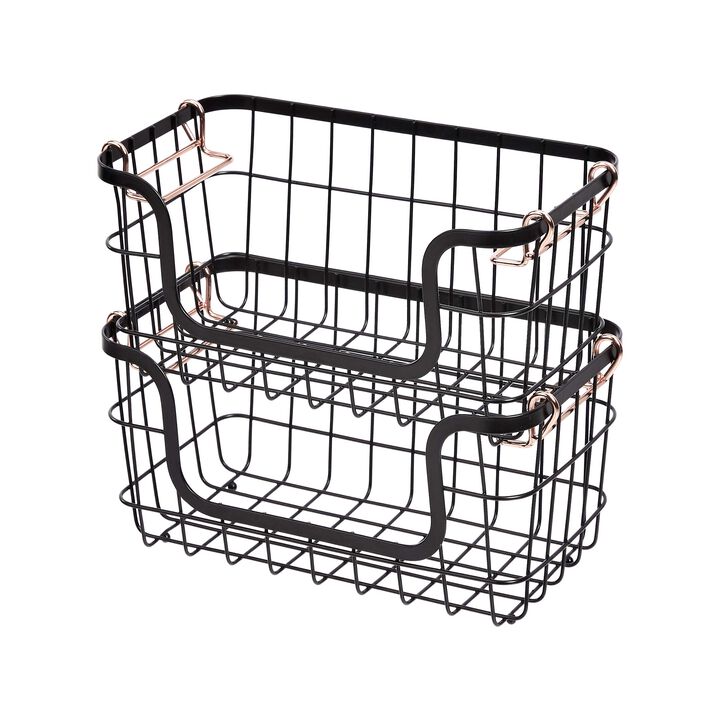 Amazon Basics Stackable Metal Wire Rectangular Storage Basket Set For Kitchen or Bathroom, 2 Count, Black