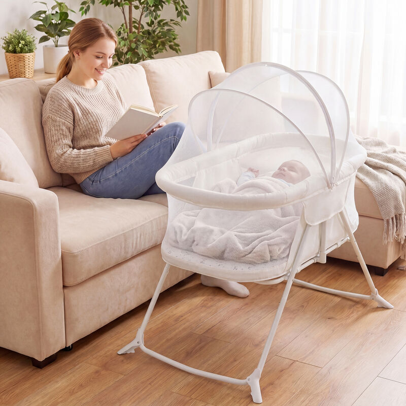 2 in 1 Baby Bedside Sleeper Bassinet with Rocking Motion and Breathable Mesh for Nursery image number 6