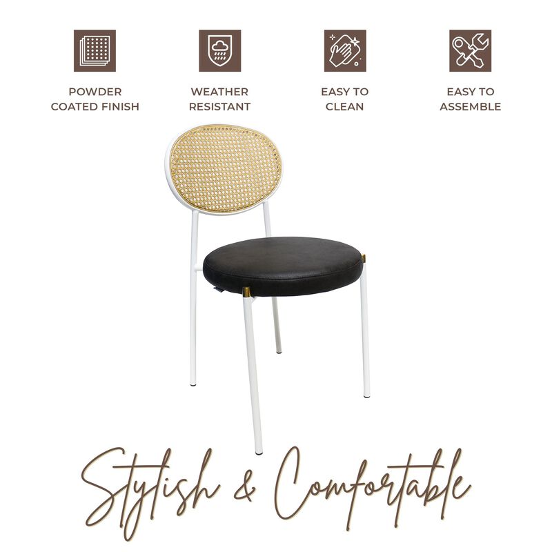 LeisureMod Velvet/Leather Dining Chair Rattan Back Side Chair Comfortable Kitchen Chair with Stainless Steel Base Euston Collection, Set of 2