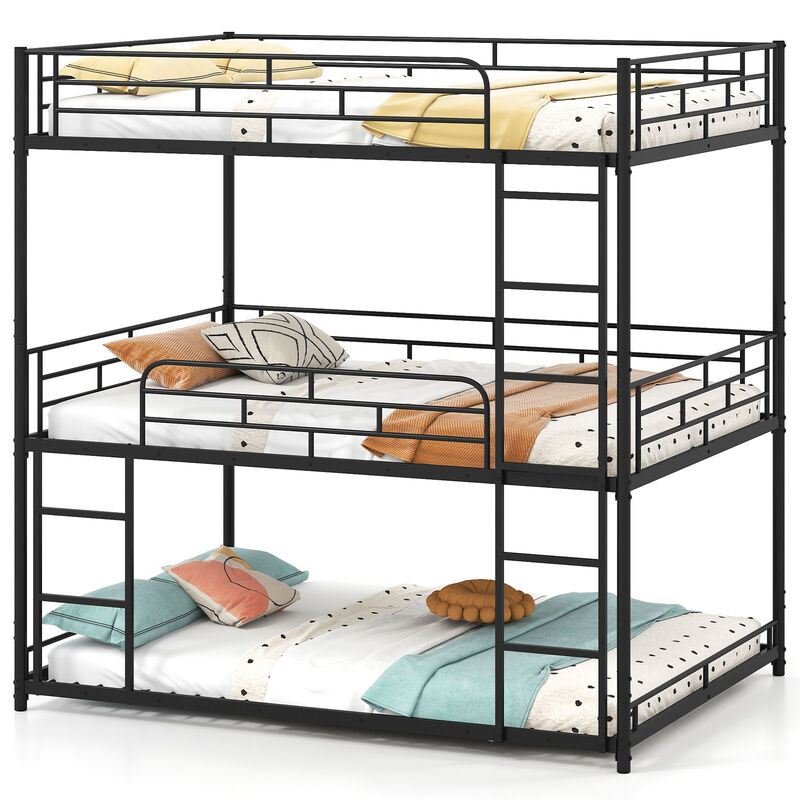 Black Metal Triple Bunk Bed with Guardrails and Dual Ladders for Kids image number 4