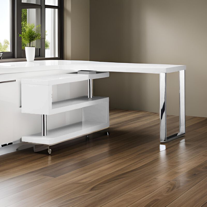 47 Inch Multi Position Desk, Adjustable L Shape, Lacquer White - Benzara