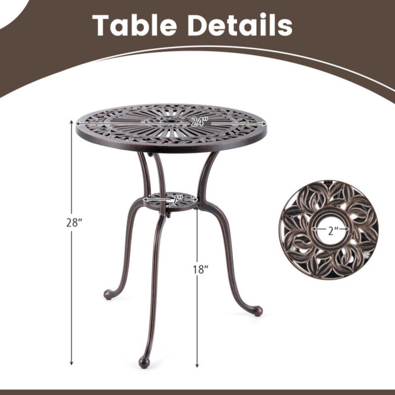 Hivvago 24 Inch Round Cast Aluminum Table Patio Dining Bistro Table with 2 Inch Umbrella Hole