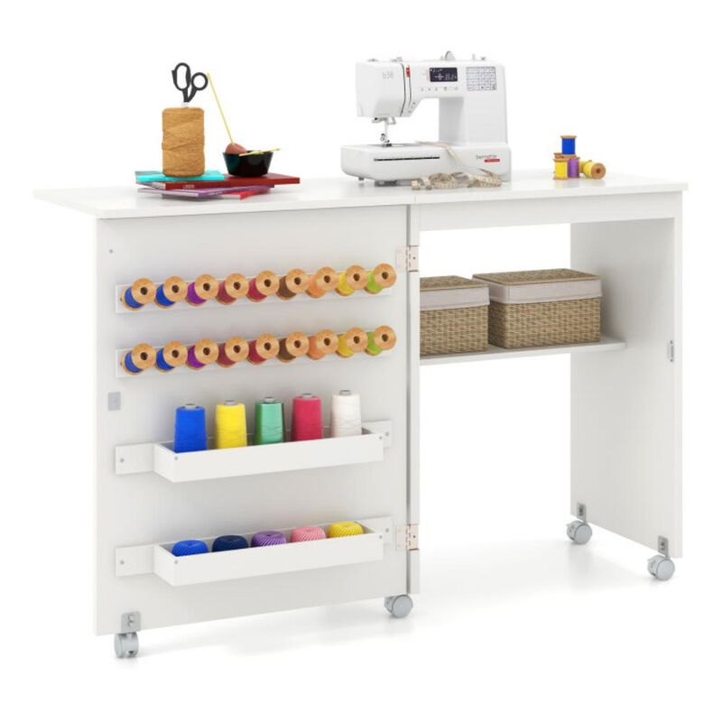 Folding Sewing Table with Storage Shelf and 5 Lockable Wheels for Craft Room Mobility