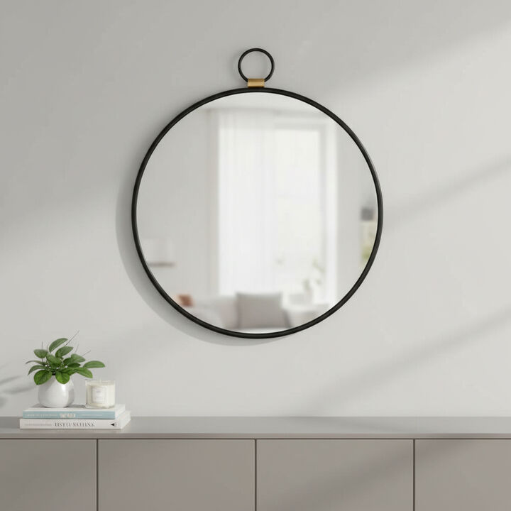 HomeRoots 28" Black Round Iron Framed Accent Mirror