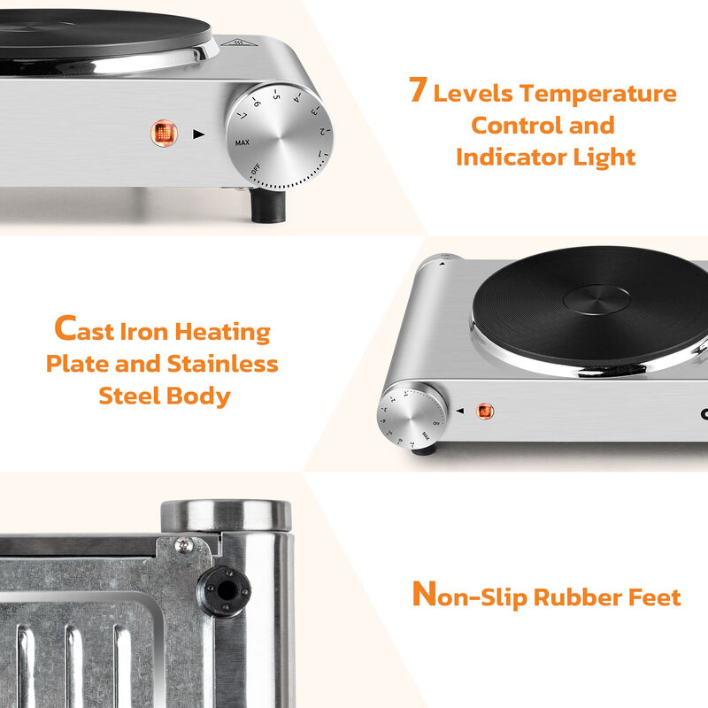 Cusimax 1800W Stainless Steel Electric Hot Plate, Portable Electric Stove, Double Burner for Cooking, Countertop Cooktop image number 5