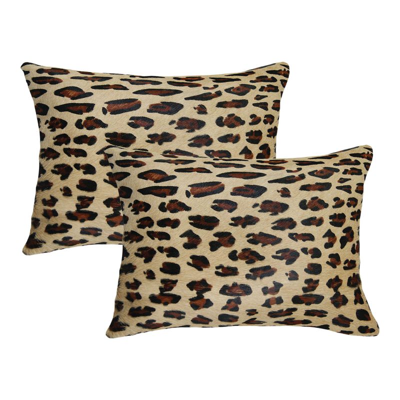 HomeRoots Set of Two 12" X 20" Brown and Black Leopard Cowhide Lumbar Throw Pillows image number 0
