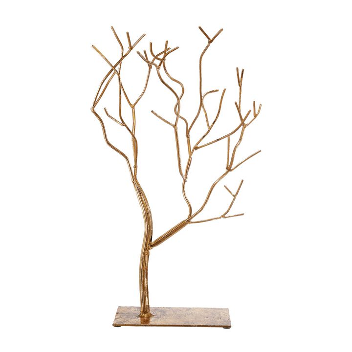 Leafless Branched Iron Tree Accent with Rectangular Base, Gold - Benzara