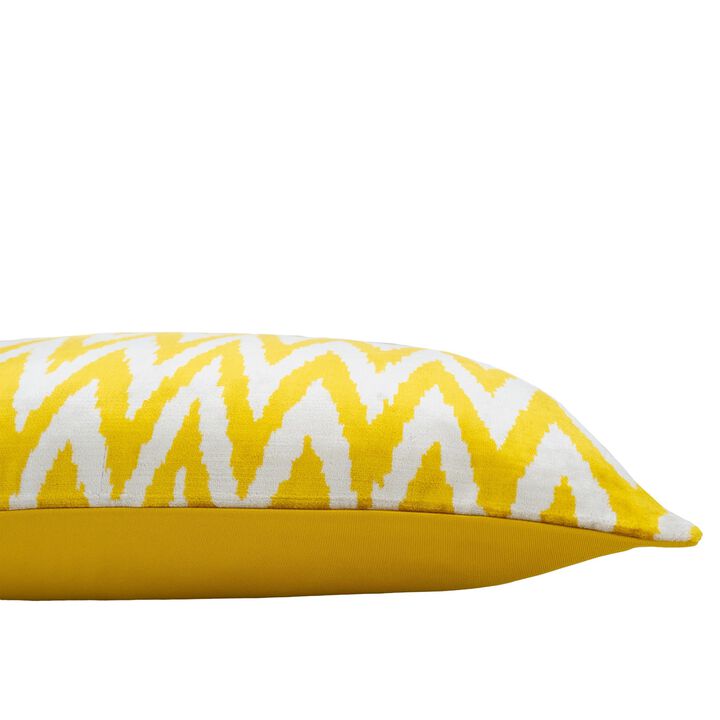Chevron Yellow Silk Velvet Ikat Pillow, 16" X 24"