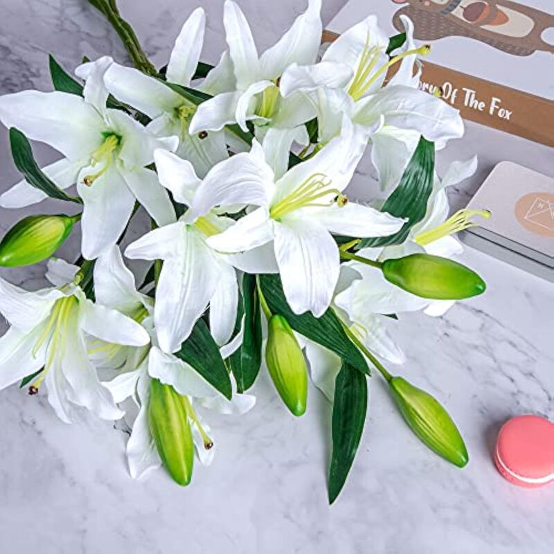 3 Piece White Artificial Lily Flower Heads Long Stem Wedding Centerpiece Decor image number 3