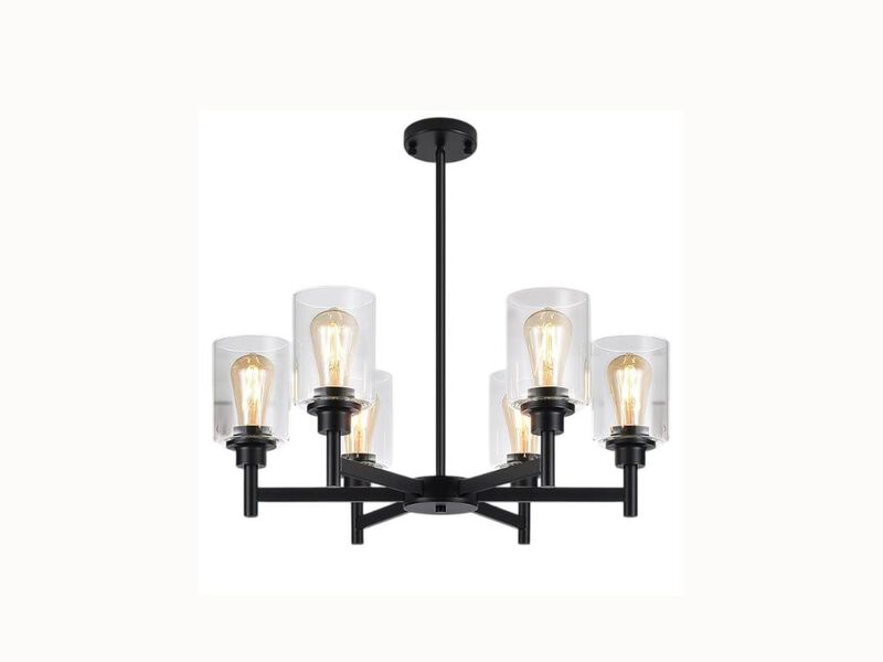 6-Light Black Farmhouse Chandelier – Clear Glass Pendant for Dining Room, Kitchen Island & Living Spaces (E26 Base)