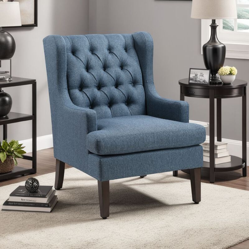 Hosanna Accent Wing Armchair, Button Tufted Blue Polyester, Brown Wood