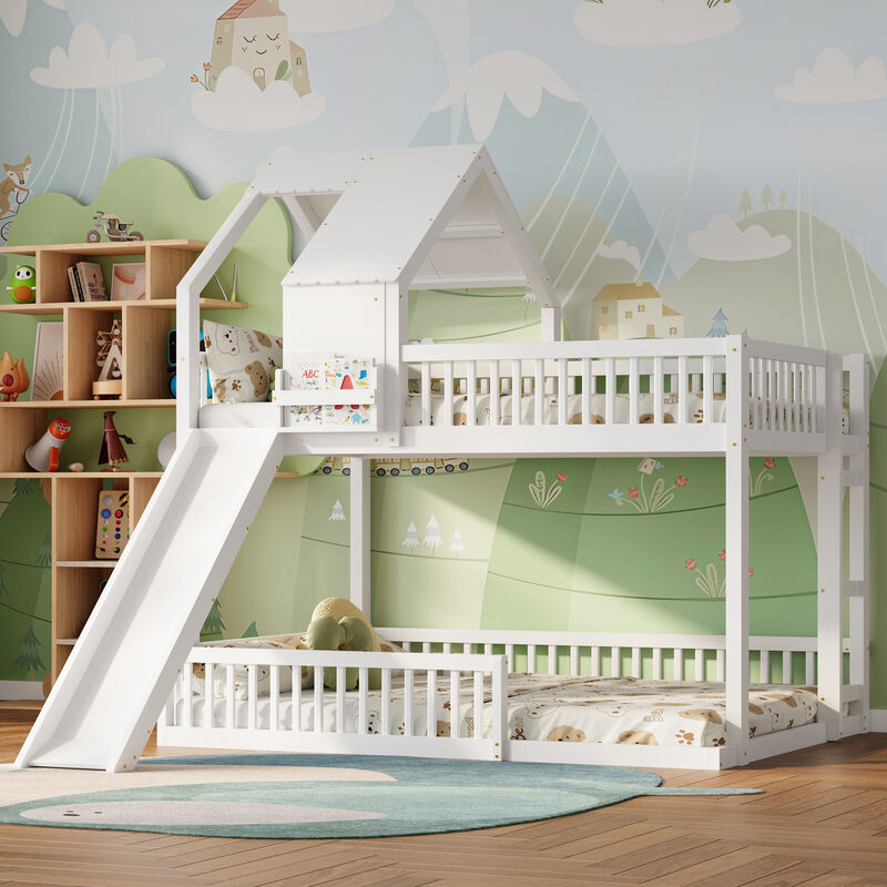 Merax Full XL over Queen House Bunk Bed with Slide, Solid Wood Frame image number 1