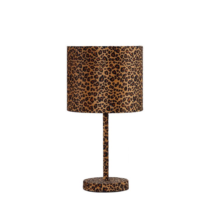 Fabric Wrapped Table Lamp with Dotted Animal Print, Brown and Black - Benzara