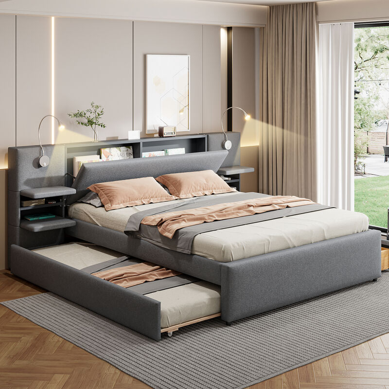 Merax Upholstered Platform Bed with Reading Lights