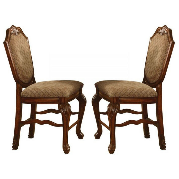 Counter Height Chair with Fabric Seat and Crown Top, Set of 2, Brown - Benzara