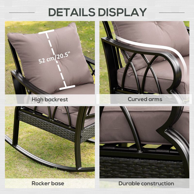 Grey Porch Rocker: Wicker Chair with Cushions and Aluminum Frame