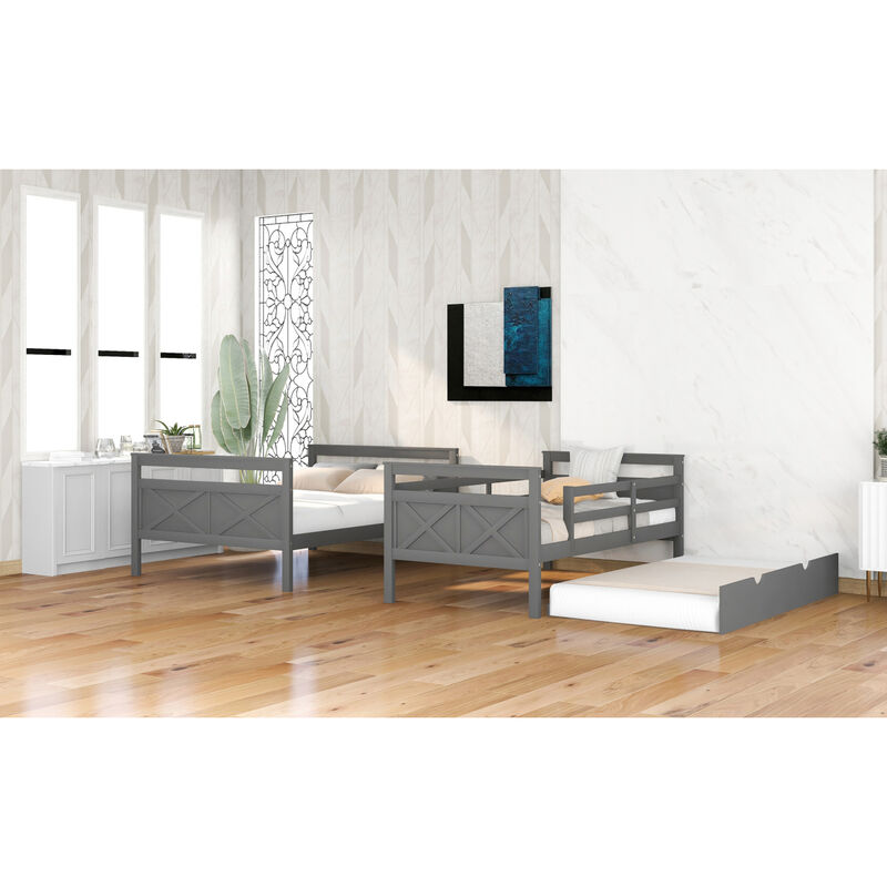 Twin Over Full Bunk Bed With Ladder, Twin Size Trundle, Safety Guardrail