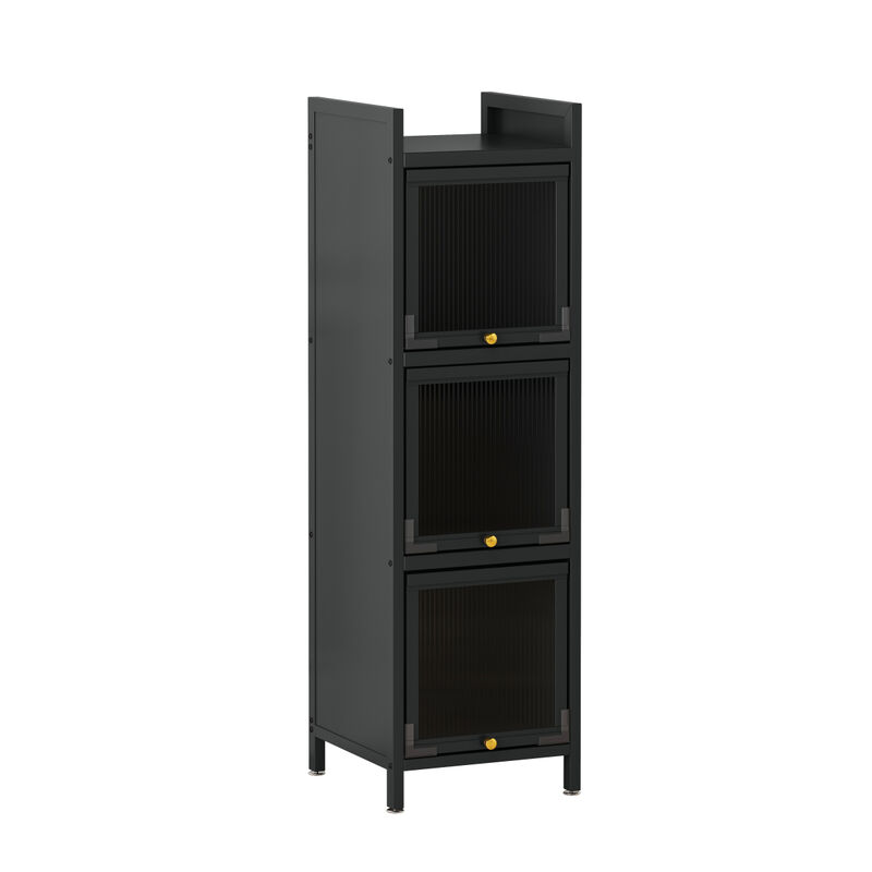 Modern Three-tier Glass Door Cabinet with Featuring Four-tier Storage, for Entryway Living Room Bathroom Dining Room,Matte Black