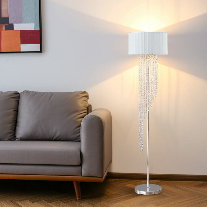 Hivvago 66" Clear And Silver Crystal And Metal Floor Lamp With White Linen Drum Shade