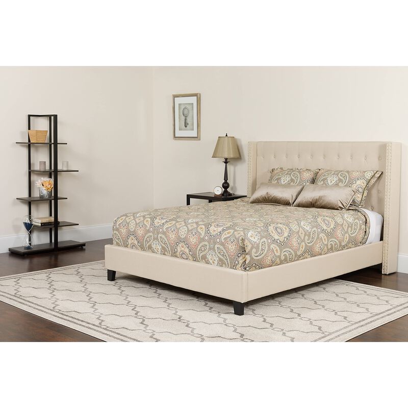 Riverdale King Size Tufted Upholstered Platform Bed in Beige Fabric with Memory Foam Mattress