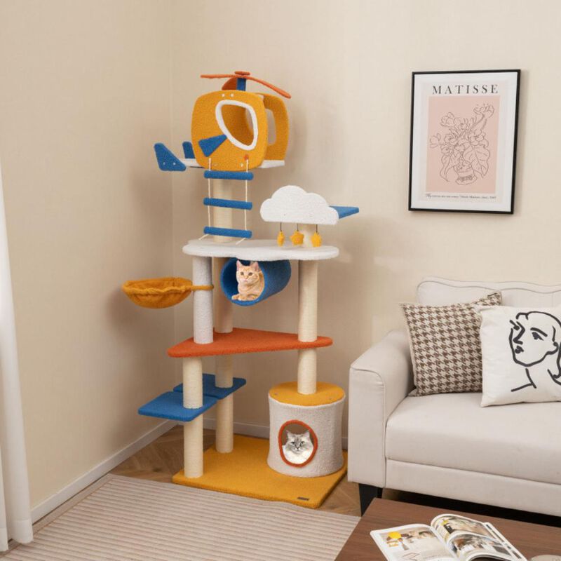 Hivvago 70 Inch Tall Aviation-themed Cat Tree with Helicopter Top Perch and Platforms