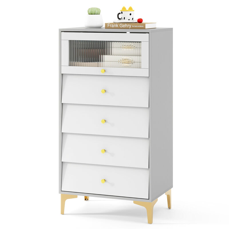 4-Drawer Modern Side Cabinet with Flip-Up Fluted Glass Front