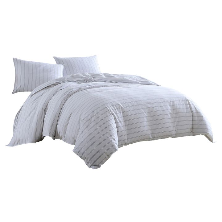 3 Piece Queen Comforter Set with Pinstripe Pattern, White and Black - Benzara