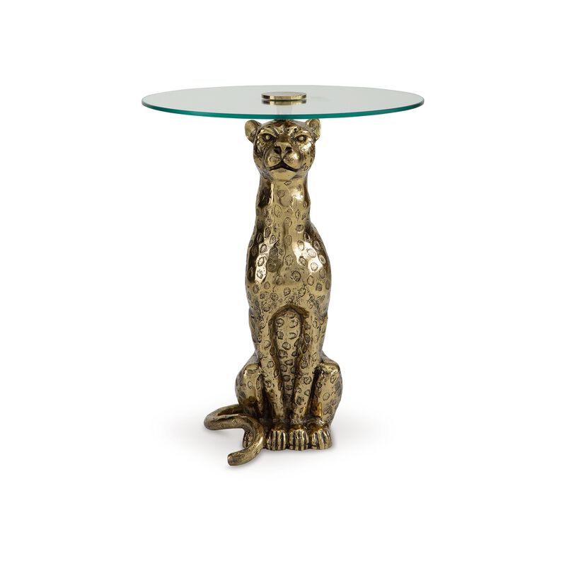 Accent Table, Gold Cast Metal Leopard Design, 18 Inch Glass Round Top