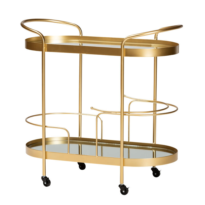 Baxton Studio Kamal Glam Brushed Gold Finished Metal 2 Tier Mobile Wine Bar Cart