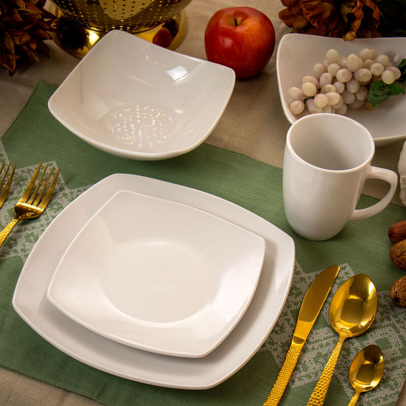 Elama Hayes 16 Piece Square Porcelain Dinnerware Set in White