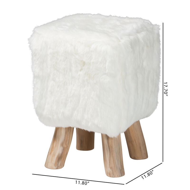 bali & pari Scotlyn Faux Fur Footstool with Teak Wood Legs - Rustic Boho Accent Seat, Handmade Decorative Footrest for Living Room or Bedroom, White image number 5