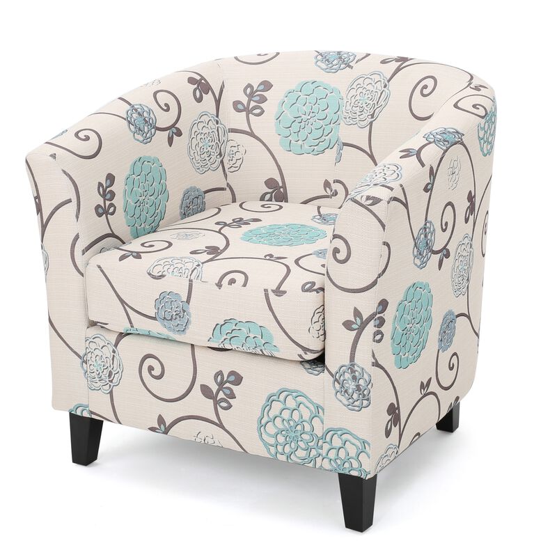 Accent Club Chair, Round Arms, Cream Blue Fabric Floral Details, Birch Wood
